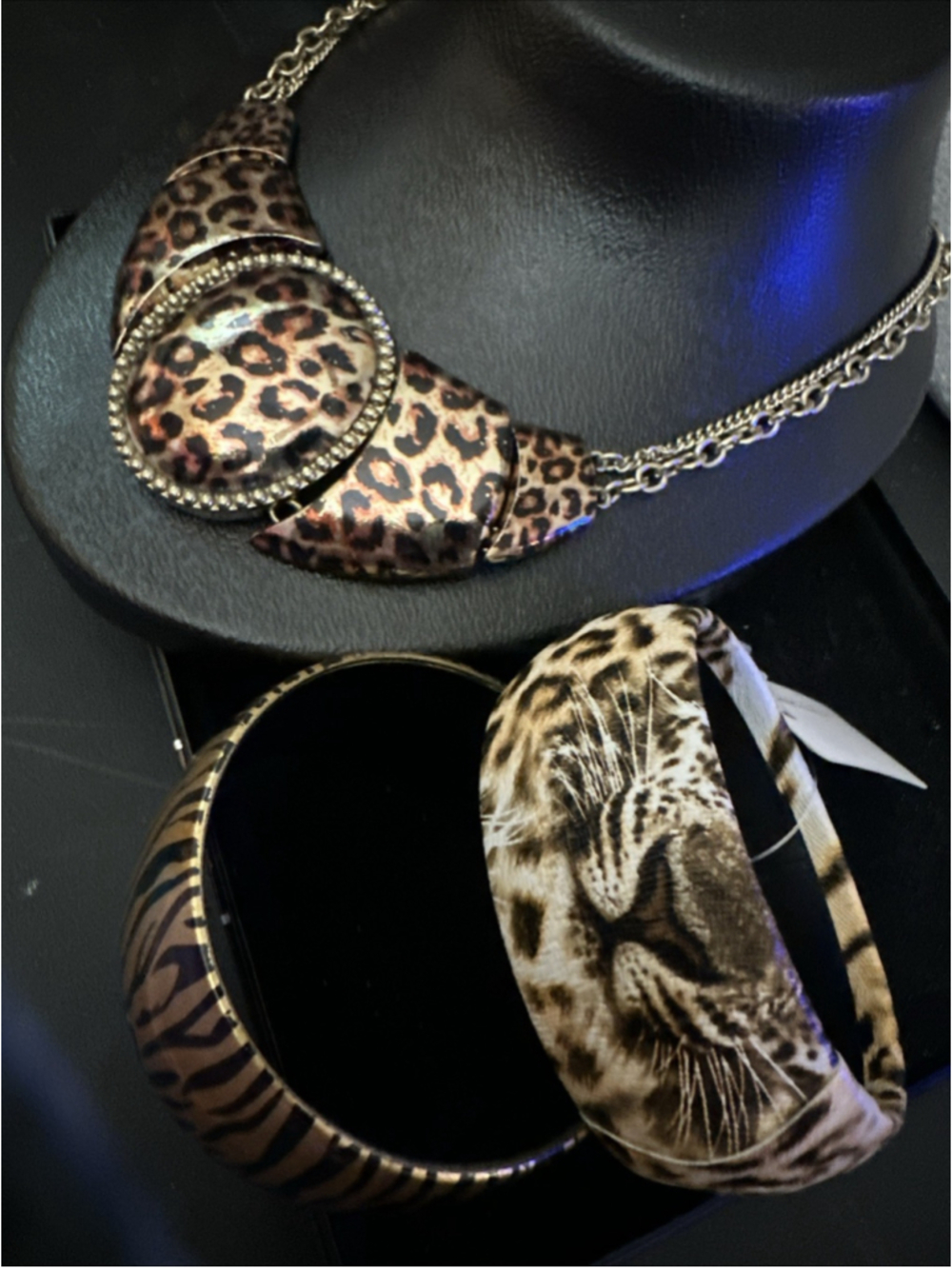 Vintage Leopard Animal Print Gold Necklace+2 Tiger Bangle Bracelets BigCat Lot